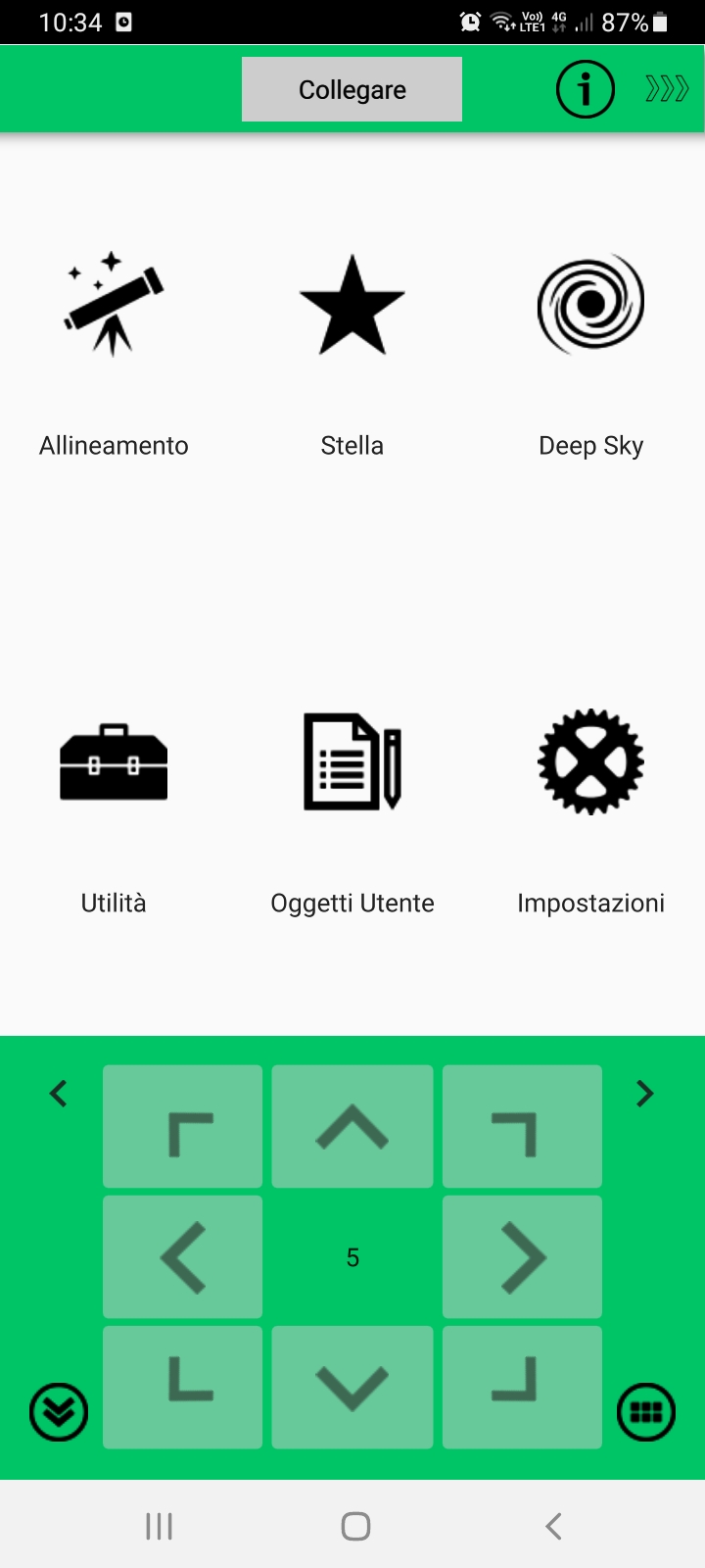 Screen shot da smartphone dell'applicazione Synscan Pro
